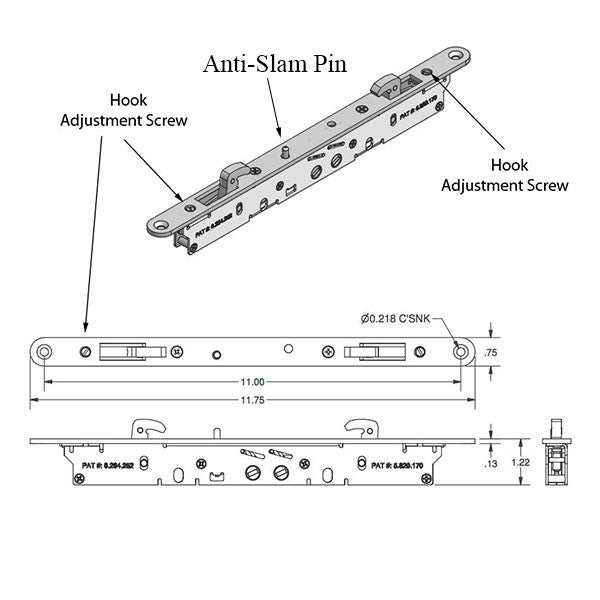 2-Point Double Hook Sliding Door Lock, 11-3/4 Face With Pin