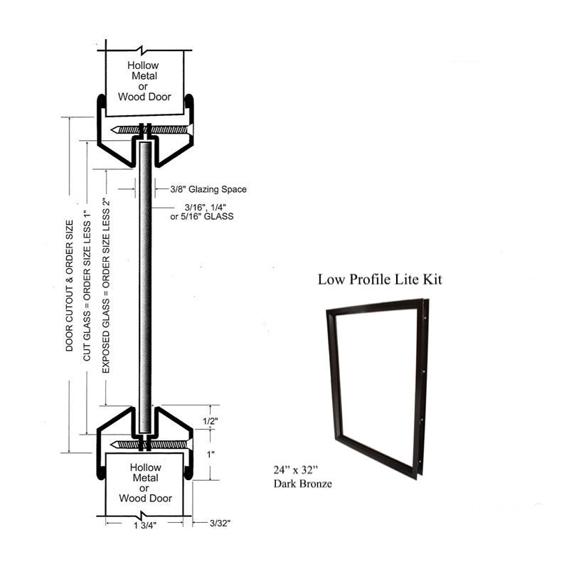 Commercial Door Lite Frames, 24" x 32" Low Profile Metal, Screw Together - Dark Bronze
