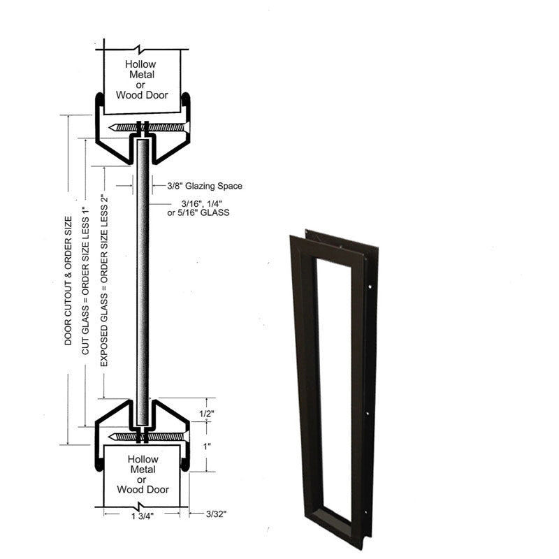 Commercial Door Lite Frames, 6" x 27" Low Profile Metal, Screw Together- Grey
