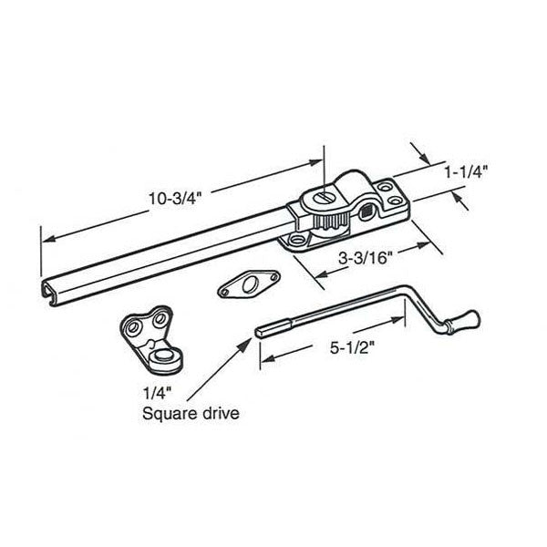 Operator, Casement, Wood, 10-3/4” Arm, 1/4” Sq. Drive, Non-Handed, Uni-Chrome Finish