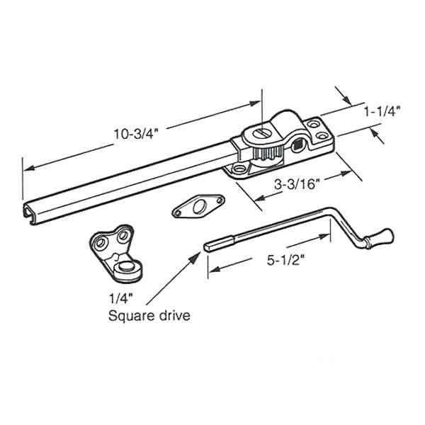 Operator, Casement, Wood, 10-3/4” Arm, 1/4” Sq. Drive, Non-Handed., Brass Plate, Boxed