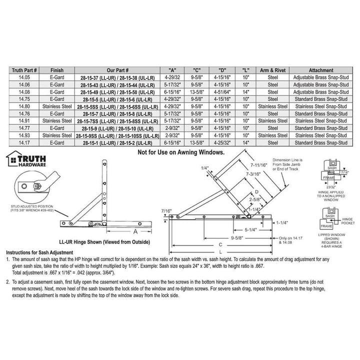 Truth Hardware Concealed Casement Window Hinges - 14.75", Supports Up To 140 Lbs, Pair